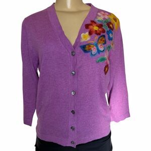 Sundance Saccharine button V neck butterfly floral appliqué cardigan Sweater S